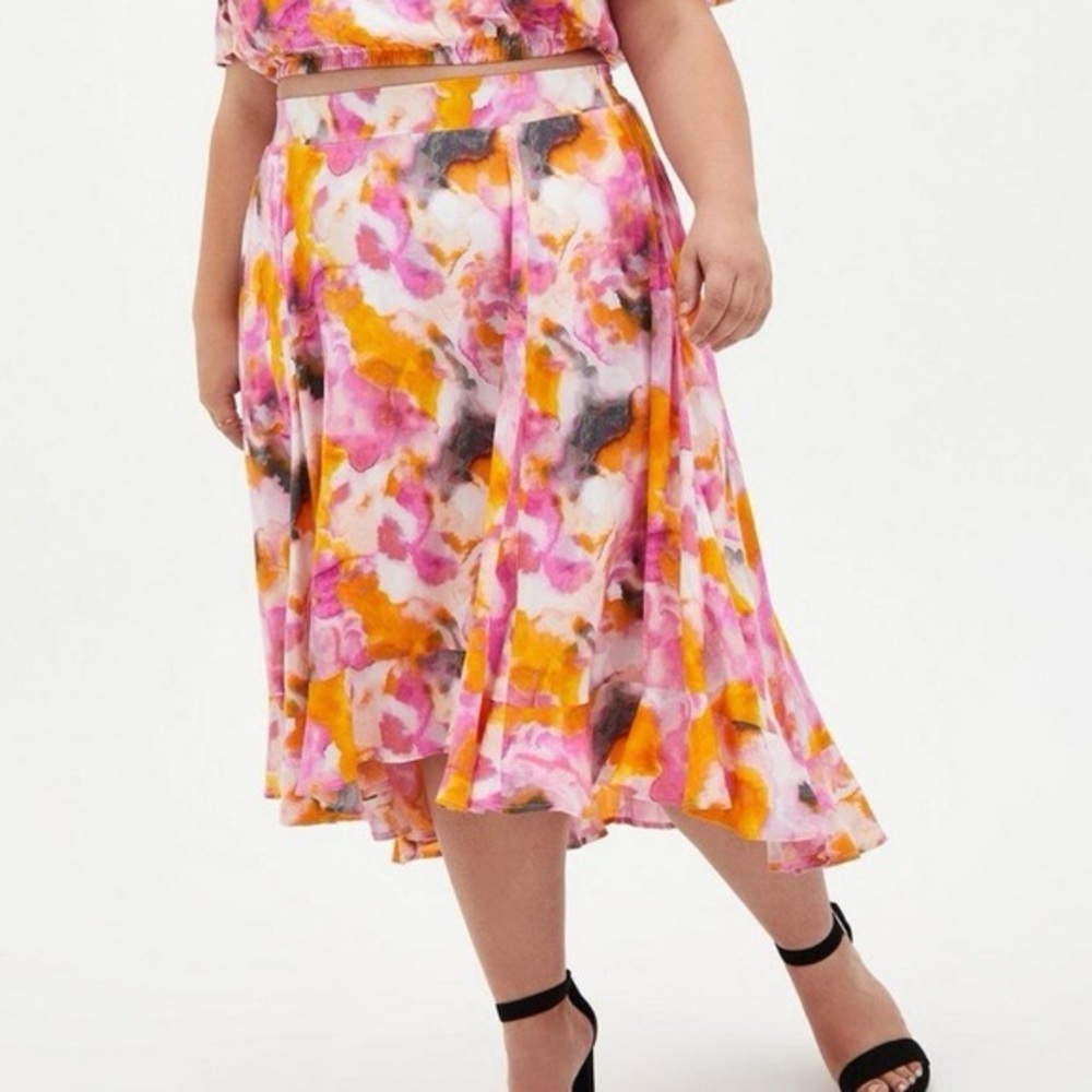 Torrid Floral Midi Skirt in Pink and Orange lined with high low ruffle hem